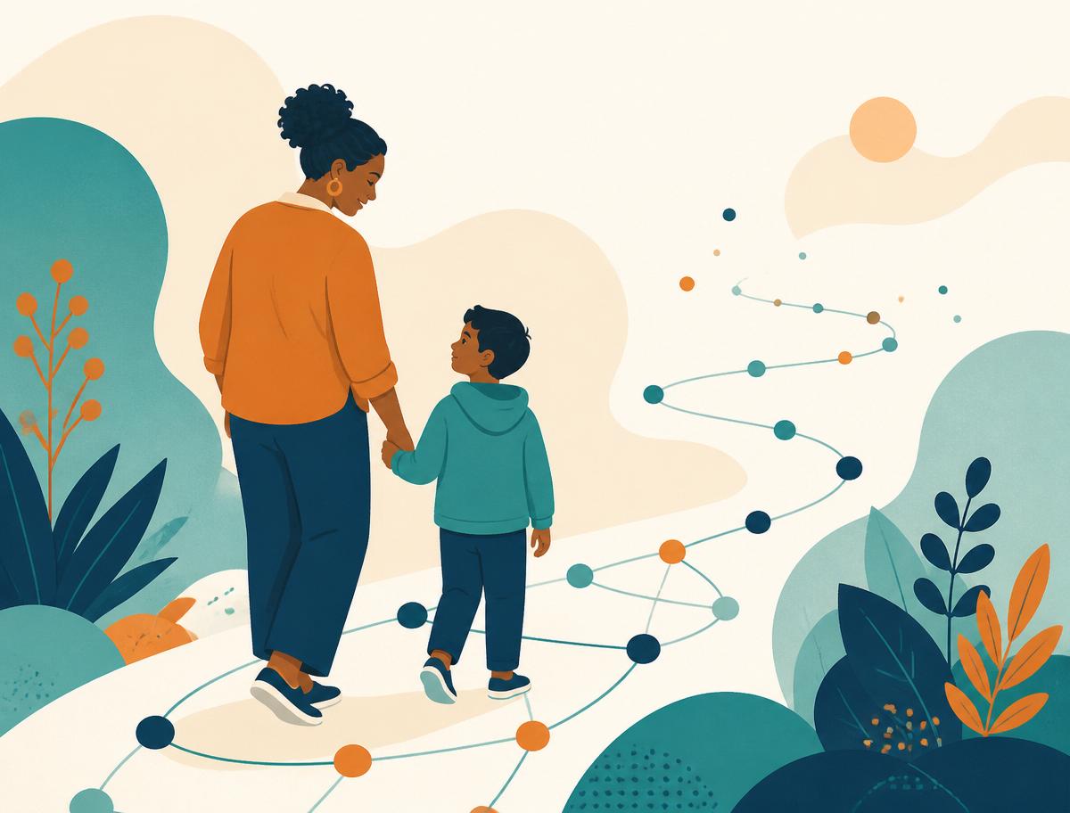 A parent and child walking together along a pathway of connected dots